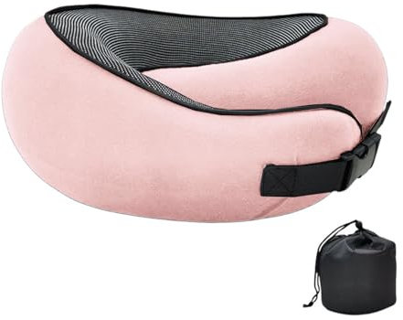 crazy bean Cuscino da Viaggio con Supporto Cervicale Cuscinos per il Collo Regolabile in Memory Foam Ultra Leggero e Portatile Ideale per i Viaggi, i Treni, gli Aerei o per il Riposo a Casa Rosa