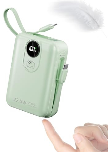 Built-in Cable 20000mAh Power Bank: 22.5W Fast Charging External Battery for Mobile Phone, USB C (Input & Output) Battery Pack, Portable Charger with 4 Outputs & 2 Inputs-Green