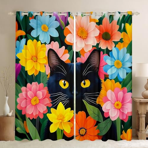 Tende per finestre per bambini con gatto dei cartoni animati, 2 pannelli, 46 x 72 L, fiori colorati che sbocciano, tende per finestre per ragazzi ragazze adolescenti carino adorabile gattino animale