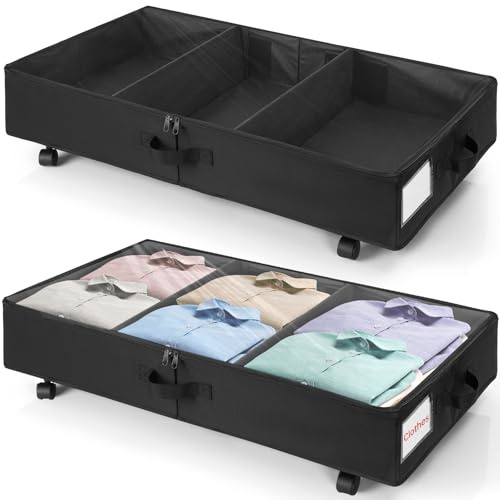 OUUTMEE 2 Pack Under Bed Storage Box with Wheels, 50L Foldable Under Bed Organiser with Lid, Rolling Underbed Containers,Storage Organisation Boxes with Metal Frame for Clothes,Shoes,Blankets(Black)