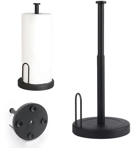 Fairblo Kitchen Roll Holder Free Standing Stainless Steel Paper Towel Holder with Suction Cups Retractable Black Kitchen Towel Holder Paper Towel Holder Stand for Standard and Large Size Rolls