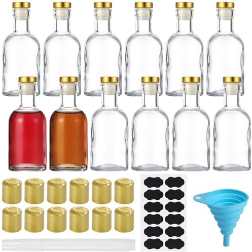 yeeplant Botellas de vidrio transparente de 3 onzas, juego de 12 piezas con tapones en T, tapas termorretráctiles, sellado hermético para vino, licor y bebidas