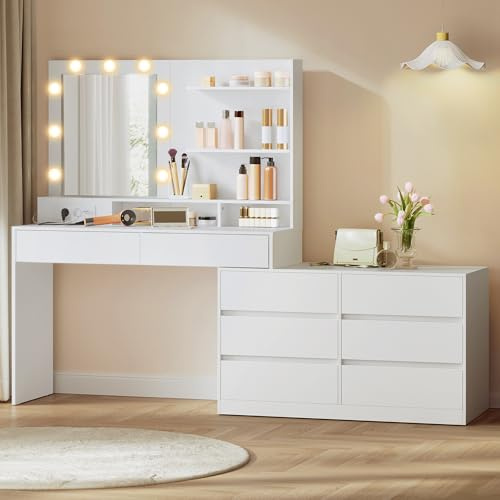 VASAGLE Kailyn Collection - Sminkbord med LED-spegel och flera uttag, 9 glödlampor, 8 lådor, 3 hyllor, belysning i 3 färger, modulärt i rad eller L, sminkbord, molnvitt RDT140WB01