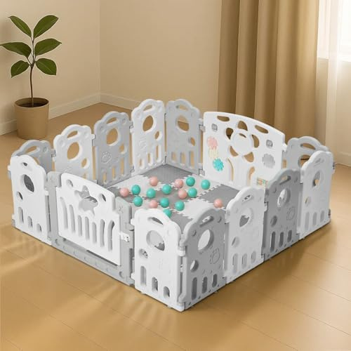Y.H BLISSHAVEN Foldable Baby Playpen with Foam Mat for Baby and Toddlers – Large 14-Panel Plastic Play Pen with Soft Play Mats & Activity Centre, Indoor & Outdoor Safety Centre (155x155cm)