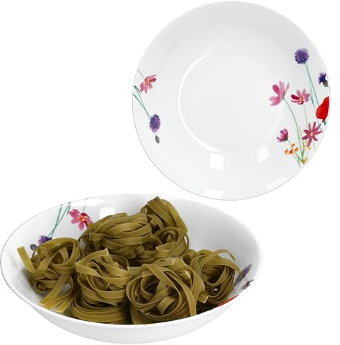 MamboCat Marie 2er Set Servierschalen Ø25,5cm I 1,3L I weiße hohe Schüssel aus Porzellan mit Blumenwiese-Dekor für Kartoffeln, Knödel, Gemüse, Dessert, Suppe & Co.
