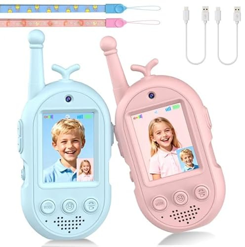 Kids Video Walkie Talkies 2 Pack, Rechargeable Walkie Talkies with Voice Changer & Sticker Effect, Long Range Video Intercom for Indoor Outdoor Games, Birthday Gifts for 3-10 Year Old Boys Girls