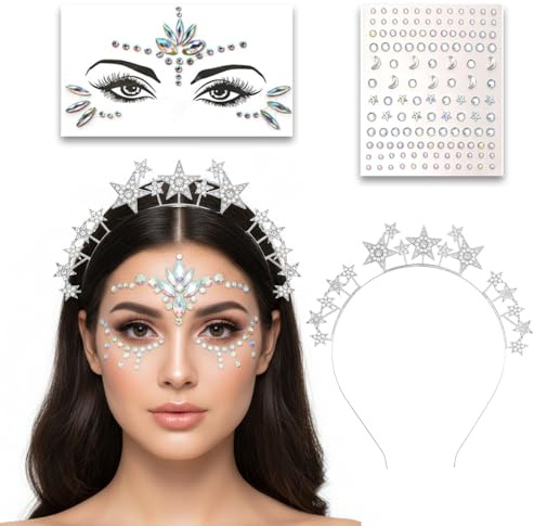 3-teiliges Set: Haarreif Sterne Strass + Face Gems & Glitzersteine – Heiligenschein Kopfschmuck für Damen & Mädchen – Göttin & Engel Kostüm Accessoires für Fasching, Festival, Silvester & Hochzeit