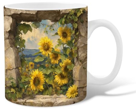 Tasse à café en céramique motif tournesol, pierre rustique de vigne, jaune d'été, tasse à chocolat chaud avec poignée, cadeau pour amis, famille, amoureux, personnes âgées, collègues, 325 ml