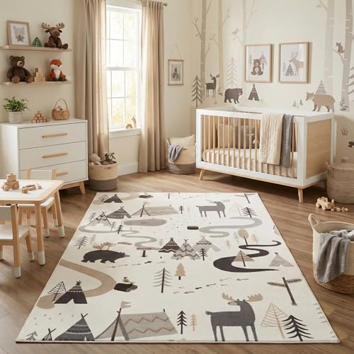 Carpettex Kinderteppich Wald Tiere Spielteppich für Kinderzimmer in Creme mit Natur und Tier Motiv Größe 120x170 cm ideal als Spielteppich