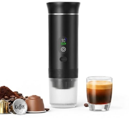Macchina Caffè Portatile Espresso 3-in-1 - Riscaldamento Acqua Automatico 5 Min, Batteria 7500mAh, 20 Bar Pressione - Compatibile con Capsule Grandi, Piccole e Caffè Macinato - Per Auto, Viaggio, Uffi