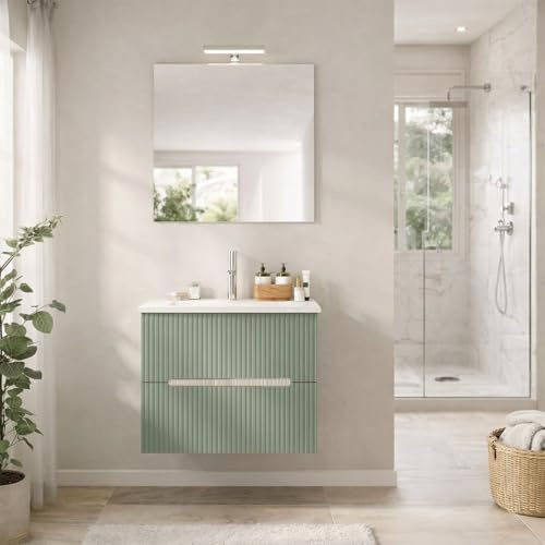 Kiamami Valentina Mobile Bagno Sospeso 60 Cm Rovere Ghiaccio Verde Salvia | 2 cassetti cannettati, lavabo ceramica incluso, struttura legno nobilitato, già assemblato, design moderno