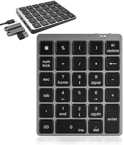 Bluetooth Zahlenblock Nummernblock, 2-in-1 Kabelloser 28 Tasten Numpad Aluminium Ziffernblock Wiederaufladbar USB Nummernblock mit Tastaturkürzeln, für Laptop Desktop Win Mac PC Notebook, Grau