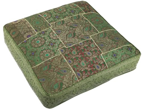 GURU SHOP Orientalisches Patchwork Kissen 40 cm, Sitzkissen, grün | Hochwertiger Brokatstoff, 100% Viskose, Reißverschluss, vielseitig einsetzbar, ideal für gemütliche Entspannungsecken