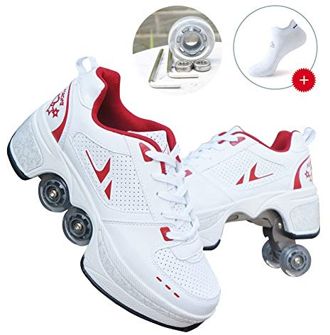 JTKDL Scarpe per Pattini A Rotelle con Doppie Ruote Scarpe per Pattini Pattini da Skateboard in Linea A Scomparsa Sport Sneaker da Palestra per Corsa All'aperto,WhiteRed-32