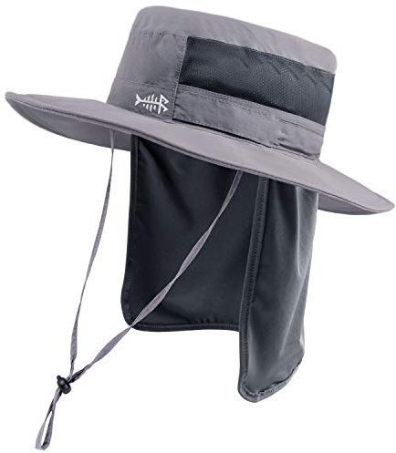 BASSDASH Solhatt fiskarhatt Bucket hatt UPF 50+ UV-skydd vattentät taktisk fiskehatt med brett brätte justerbar storlek med avtagbar halsflik för män och kvinnor, LJUSGRÅ, En Storlek