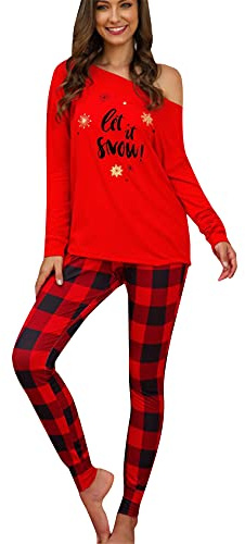 EFOFEI Damen Weihnachten Letter Plaid Printed Top Pants Pyjamas Kleidung Anzüge Für Herbst Winter Rot XL