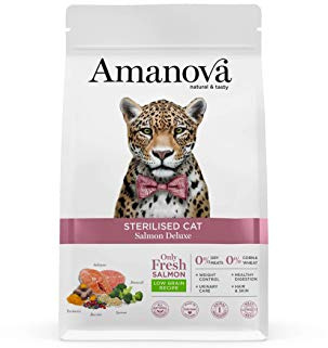 Amanova Cibo Secco Super Premium per Gatti sterilizzati Gusto Salmone - 100% Naturale, ipoallergenico e monoproteico - Cruelty Free - Formato da 1,5kg