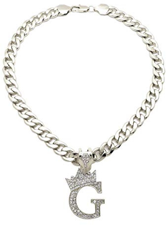 iJewelry2 Kings and Queens Crowned Letter G Crystals Pendant Silver-Tone Cuban Linked Chain Initial Necklace