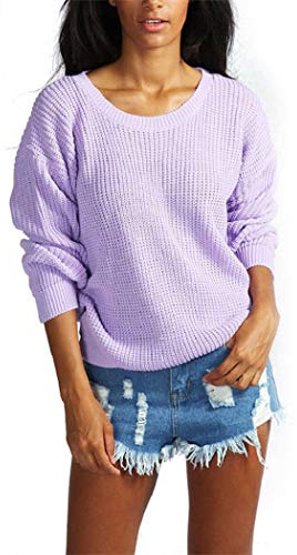 Crazy Girls Womens Ladies Baggy Long Sleeve Knitted Plain Chunky Top Sweater Jumper S-XL (2XL, Lilac)