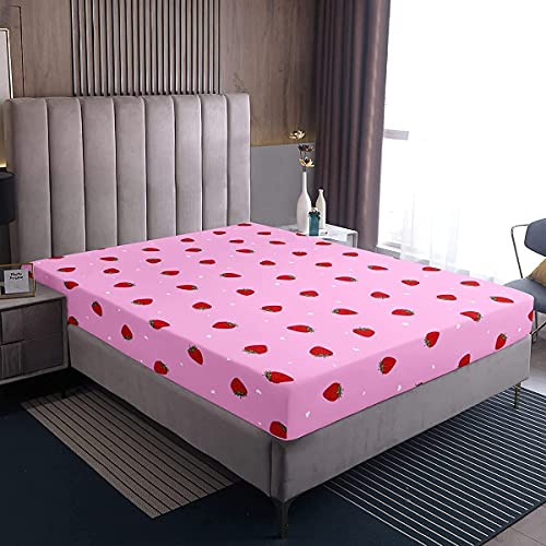 Loussiesd Erdbeere Spannbettlaken 160x200cm für Kinder Mädchen Rosa Bettwäsche Erdbeere Streifen Spannbetttuch 100% Mikrofaser Boxspringbett Bettlaken Sanft Niedliche Früchte drucken Bettlaken Frauen