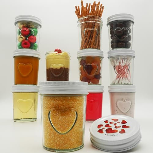 megusta! 12 barattoli per conserve con coperchio | 200 ml | cuore in vetro | coperchio con disegno a cuore | per marmellate, dessert, yogurt, portiglia per bambini | per matrimoni, compleanni
