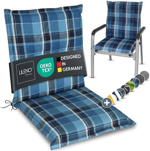 LILENO HOME Gartenstuhl Auflagen als [1er Set - Niedriglehner] in Karo Blau | bequeme Liegen als Sitzauflagen für Gartenmöbel - Stuhlkissen für Gartenstühle und Klappstühle