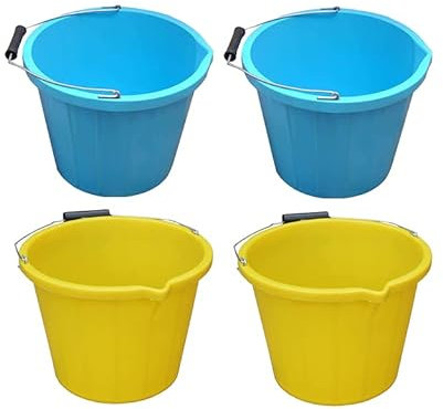 [Set of 4] 2 x Blue & 2 x Yellow 14L Strong Plastic Builders Bucket For Multipurpose Storage Bucket With Metal Handle & Spout For Cleaning Animal Feed Mixing Construction Home & Garden