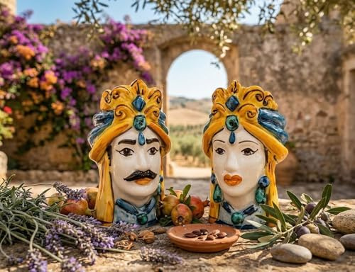 Generico Coppia teste di moro Caltagirone giallo in ceramica siciliana vasetti piccoli 15 cm