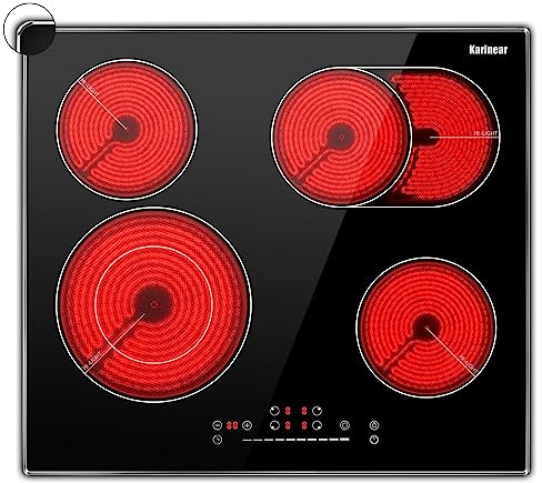Karinear 4 Burners Electric Cooktop 24 Inch, 220-240v Built-in Electric Ceramic Cooktop with Glass Protection Metal Frame, Expandable Burners, Slider-Touch Control, Multi-function Elecric Stovetop