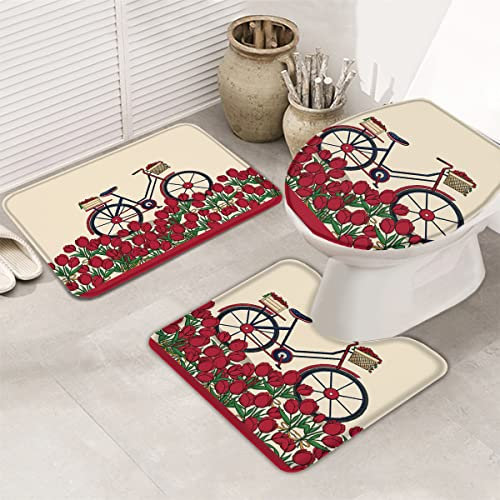 3 Stück Badgarnitur Romantische Rote Rose Mit Fahrrad Badvorleger rutschfeste U-Förmige Kontur Mikrofaser Wc-Deckelbezug Für Badewanne, Bad, Neben Der Badewanne