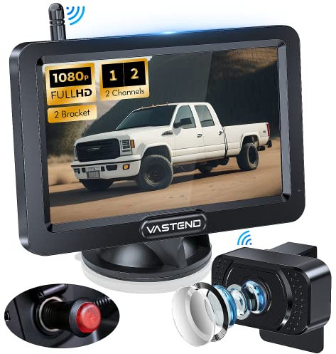 VASTEND Rückfahrkamera Kabellos HD 1080P Autokamera, 5'' Monitor, Split Bildschirm 2 Kanäle, Wasserdichtes Nachtsicht Rückfahrkamera Set für Auto, SUV, Pkw(V02)