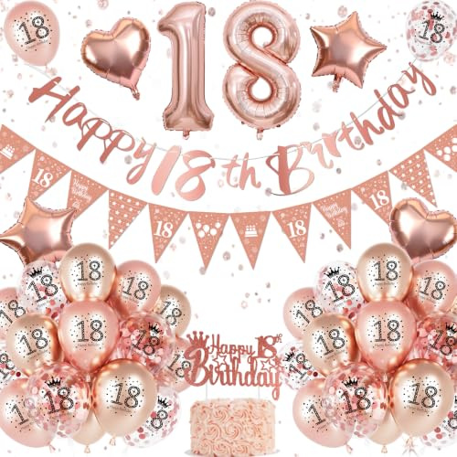 18th Birthday Decorations, Rose Gold 18th Birthday Decorations for Girls,Happy 18th Birthday Banner Triangle Flag Bunting 18th Balloons Cake Topper for Birthday Party Decorations