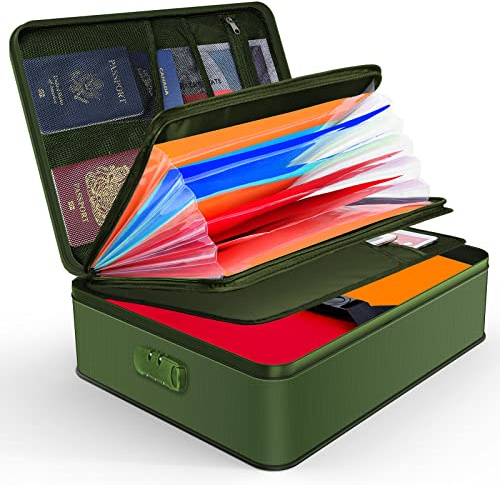 JUNDUN Organizador de documentos, bolsa de documentos resistente al fuego con cerradura, caja de almacenamiento de documentos con 7 compartimentos, organizador de archivos, maletín portátil para