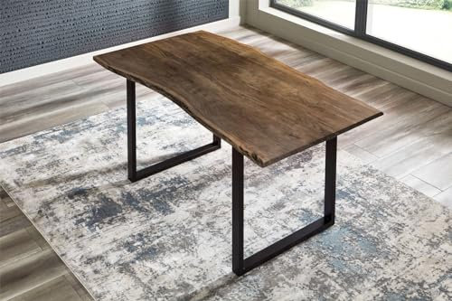 SAM B-Ware Esszimmertisch 140x75 cm Bamberg, echte Baumkante, Esstisch aus Akazienholz massiv + nussbaumfarben, Baumkantentisch mit U-Gestell Schwarz