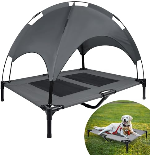 YRHome Erhöhtes Hundebett mit Dach Sonnenschutz Haustierbett mit Baldachin Hundeliege Outdoor Hundesofa mit Rutschfesten Fußpolster, Wasserdicht Dach & Atmungsaktivem Netzgewebe, L 92x76x92cm