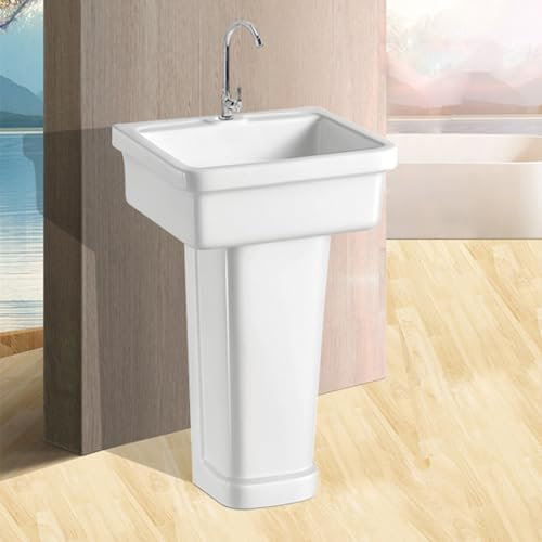 Keramik Standwaschbecken Einteiliges freistehendes Sockelwaschbecken, Badezimmer-Sockelwaschbecken, Sockel-Badezimmerwaschbecken mit Überlauf, weißes Sockelwaschbecken, Home Balcony Outdo