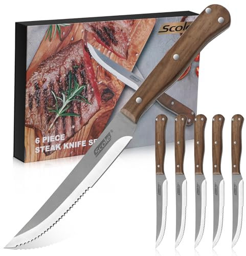 SCOLE® Steakmesser Set 6-teilig, Küchen Steakbesteck aus rostfreiem Spezialklingenstahl mit Wellenschliff, Pizzamesser und Ergonomischem Holzgriff Steak Messer, mit Premium-Geschenkbox