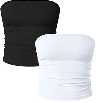 OQQ Haut Tube Femme Lot de 2 Ajusté et Court Style Y2K et Classique Bustier sans Bretelles pour l'Été Noir Blanc