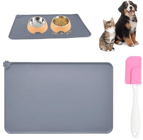 Napfunterlage Hund Katzen Silikon, wasserdichte Fütterungsmatte, 48x30cm rutschfeste Unterlage für Hundenapf, Futtermatte Fressnapf Unterlage, Haustier Fütterung Matte(Grau)