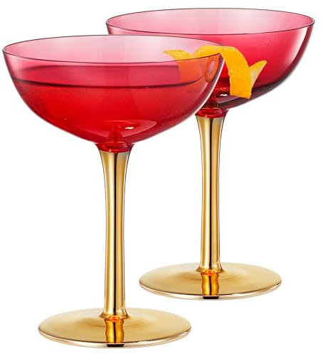 Colored Coupe Art Deco Glasses, Gold | Set of 2 | 7.1 oz Holiday Cocktail Glassware for Champagne, Martini, Manhattan, Sidecar, Crystal Speakeasy Style Goblets Stems, Vintage Christmas Red Fall Winter