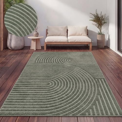 Paco Home Teppich Outdoor Wetterfest, Moderne abstrakte Boho Designs mit 3D Struktur, Pflegeleicht, ideal für Terrasse Wohnzimmer & Küche, Grösse:120x160 cm, Farbe:Grün 3