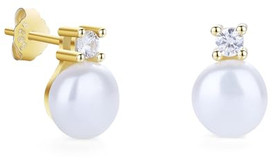 GAVU Pendientes Perla Mujer, Pendientes Mujer Plata de Ley 925 Chapados en Oro 14K con Circonita Cúbica