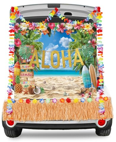 Panelee Juego de 4 piezas de decoración de auto de Hawiian Trunk or Treat Aloha, diseño temático de Halloween, decoración de cochera con telón de fondo hawaiano Aloha Banner falda de mesa para