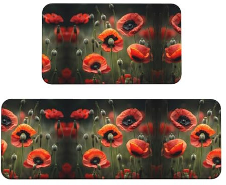YQxwJL Küchenteppiche mit Mohnblumen-Druck, rutschfeste Küchenmatte, 2er-Set, bequeme Stehmatten für Küche, Büro