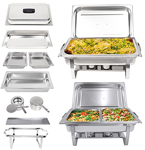 Valgus 2-Pack 9L Chafing Dish Buffet Chafer Set in Acciaio Inox con vassoi Pieghevoli per l'acqua, 2 teglie Piene, 4 Mezze teglie scaldavivande per Matrimoni, Feste, Banchetti, Eventi di Catering