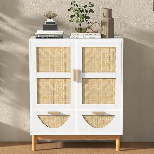 GIANTEX Sideboard Kommode Holz, Buffetschrank Küchenschrank mit 2 Schubladen & 2 Bambustüren, Aufbewahrungsschrank Anrichteschrank Freistehend mit Kippschutz, für Wohnzimmer Esszimmer Eingangsbereich