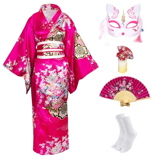 CRFASIBE 5 Pezzi Kimono Giapponese Donna, Tradizionale Giapponese Yukata Geisha Vestaglia, Abito da Stampato Floreale, Cosplay Carnevale Costume Set(Rosso Rosa)
