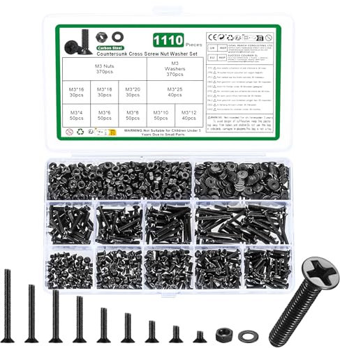 1110 Pcs M3 Screws Set, Countersunk Bolts and Nuts, Flat Head Machine Screw Nut and Bolt with Washers Set, Cross Head Screws Bolts and Nuts Assortment Kit(M3, Black)