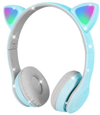 AXFEE Auriculares Inalámbricos para Niños, Auriculares con Orejas de Gato con Micrófono/Luces LED, Auriculares Plegables P47 para Niños, para Móvil/Tableta, Regalo de Cumpleaños/Navidad (Azul Gris)