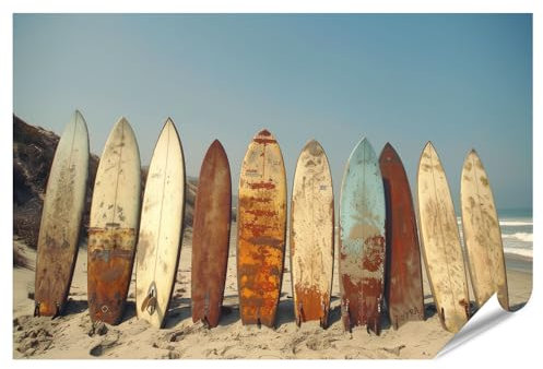 islandburner XXL Bild Poster Alte Surfbretter am sonnigen Strand für Wohnzimmer Surfer Strandbar Premium Bilder Fotodruck
